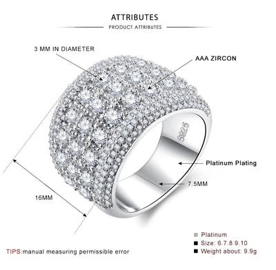 Luxury Female Rings 925 Stamp Plata AAA Inlaid Cubic Zircon Crystal  Wide Rings for Women Jewelry Gift Fashion Statement Bijoux