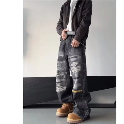 High Street Men's Jeans Trendy Printed Pattern Washed Worn-out Straight Leg Jeans American Style Male Denim Pants Black Jeans