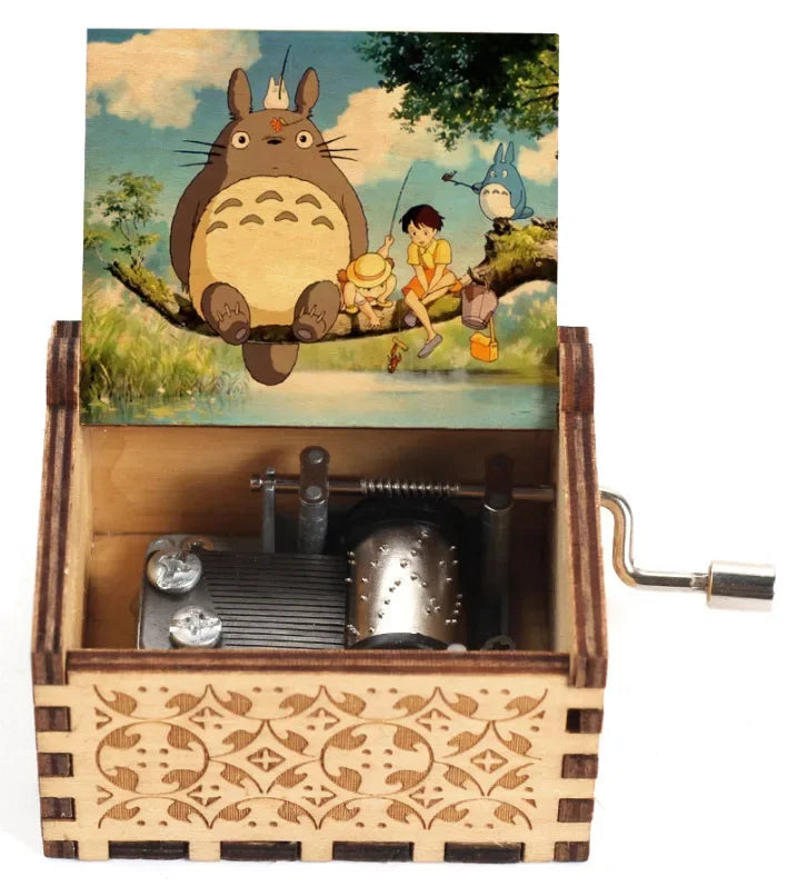 Wooden painted music box, Totoro music gift, ornament, light luxury wooden hand cranked music box