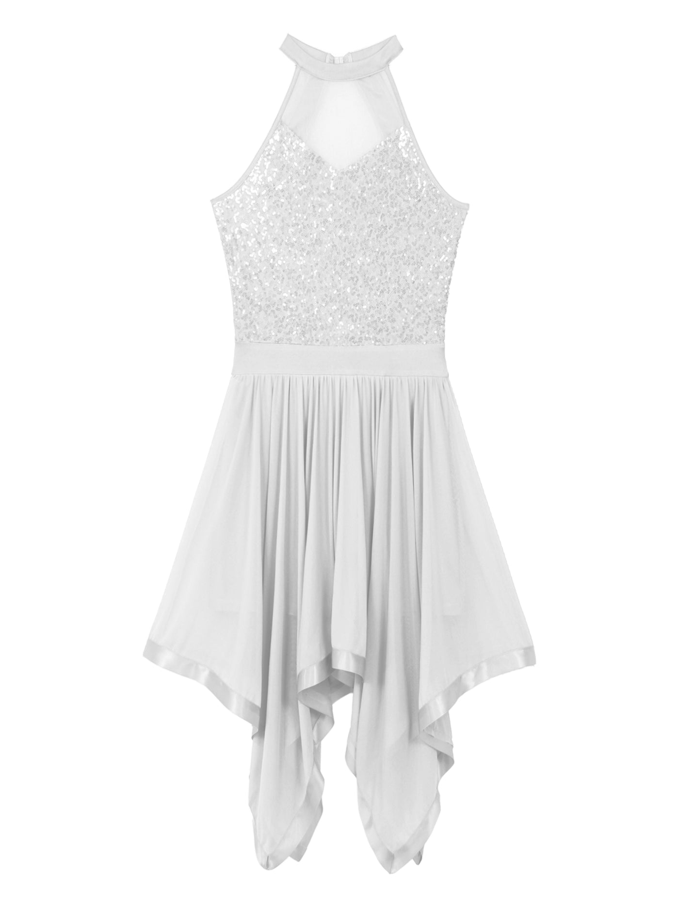 Elegant Ballet Leotards Dance Dress For Women Shiny Sequins Asymmetrical Hem Mesh Lyrical Dresses Prom Performance Costume