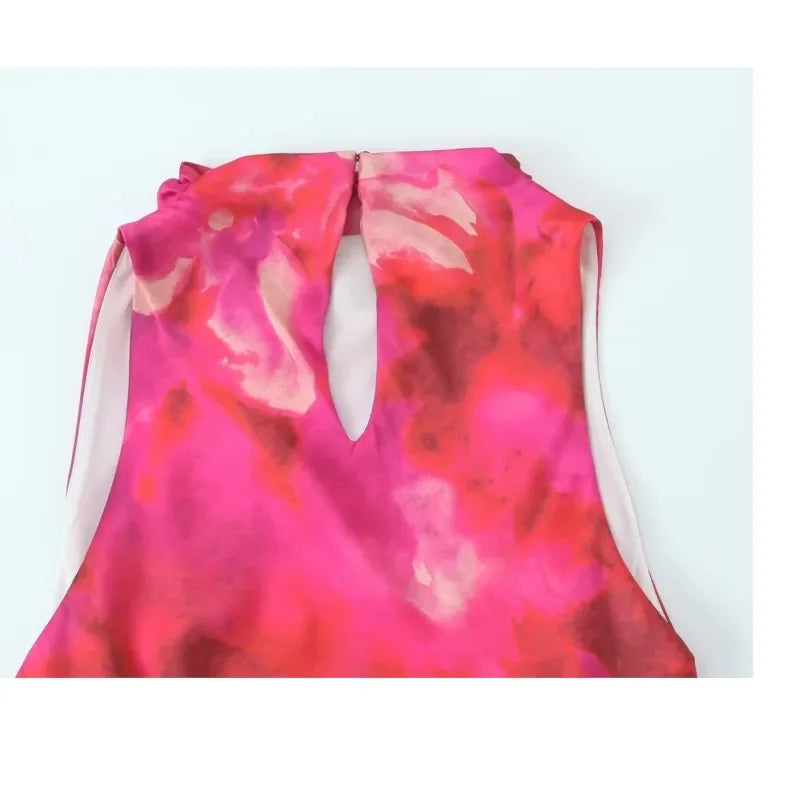 Women Printed Satin Midi Dress Spring Caual Women Back Button Sleeveless Dress Elegant Silk texture Female Chic Dress