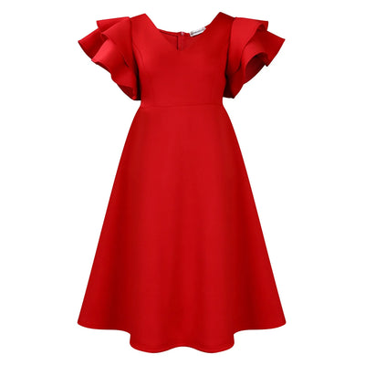 Elegant Party Dresses for Women V Neck Ruffles Sleeve High Waisted A Line Mid Calf Luxury Birthday Dinner Vestidos Mujer Dress