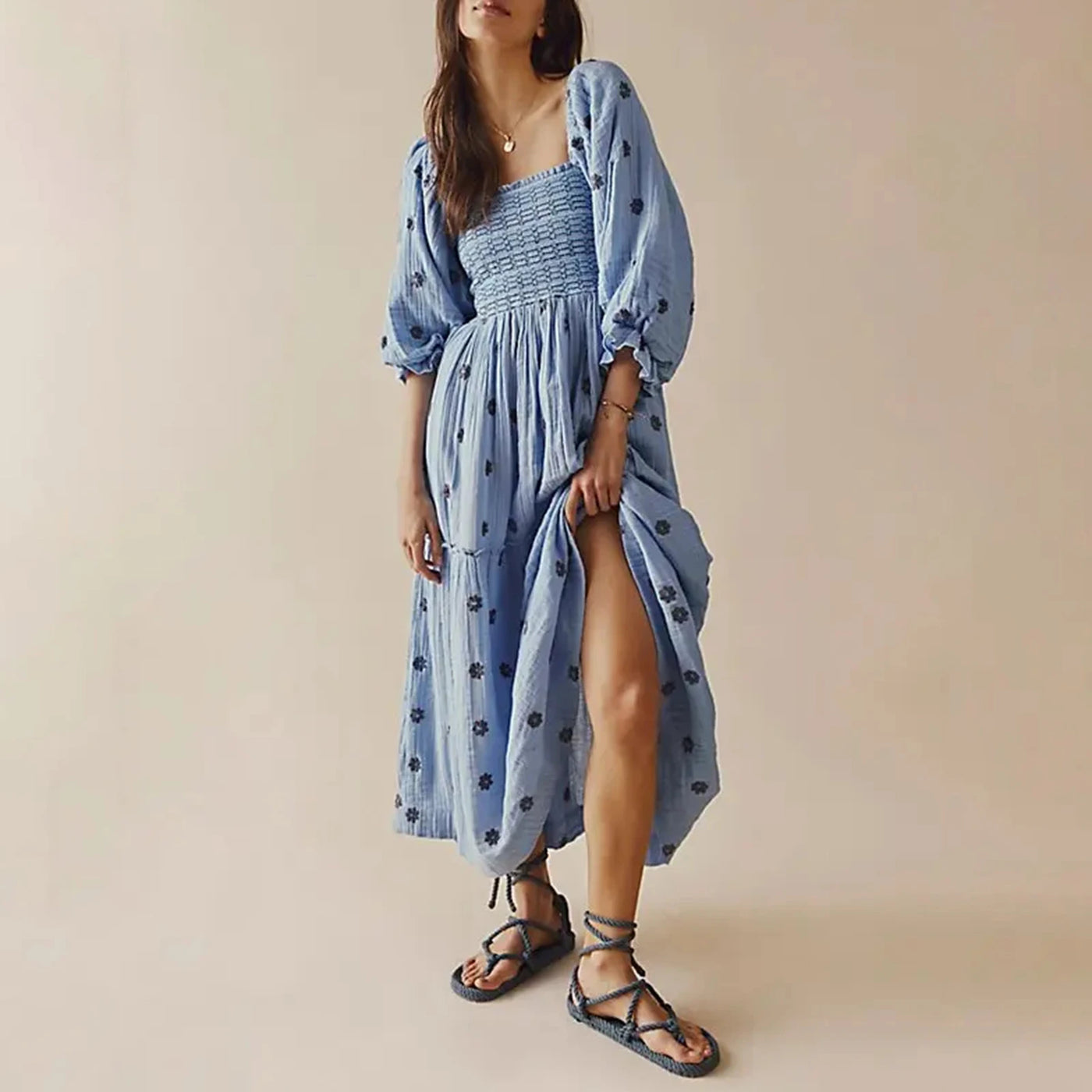 Women Summer Casual Long Dress 3D Embroidered Flowers Square Neck Puff Sleeve Dress Fashion Backless A-line Dress