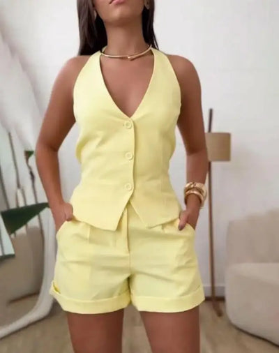 Summer Sexy Backless 2 Pieces Sets New Fashion Women's Outfits V Neck Button Front Sleeveless Tank  Pocket Shorts Set Suit Women