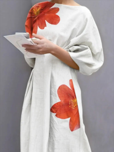 Women's Summer Dresses 2025 Evening Dress Fashion Half Sleeves Loose Flower Print Round-Neck Midi Dresses Female Clothes