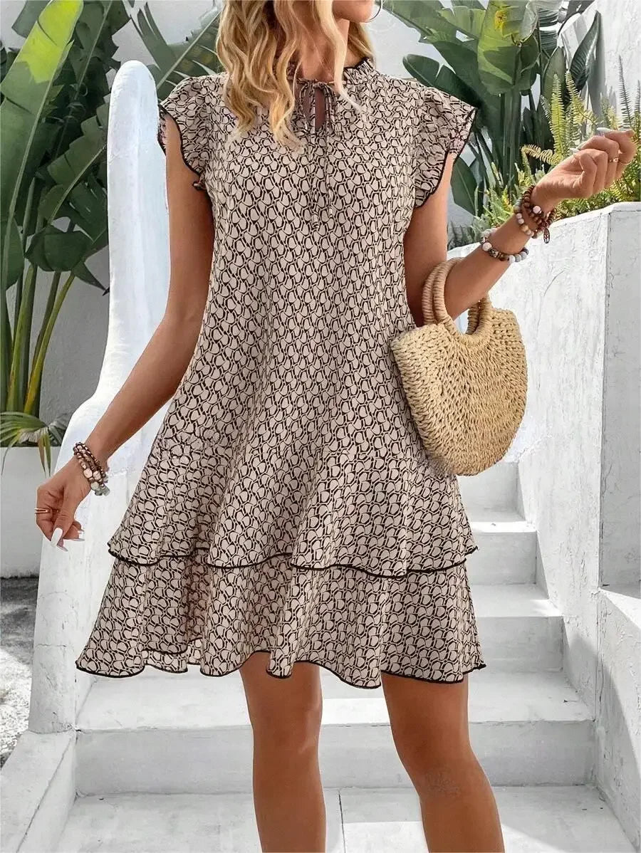 Women's Summer Mini Dress A-line Print V-neck Fiying Sleeve Lady Loose Hem Bohemian Fashion Casual Dresses For Women Clothing