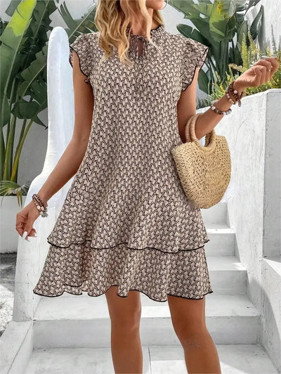 Women's Summer Mini Dress A-line Print V-neck Fiying Sleeve Lady Loose Hem Bohemian Fashion Casual Dresses For Women Clothing