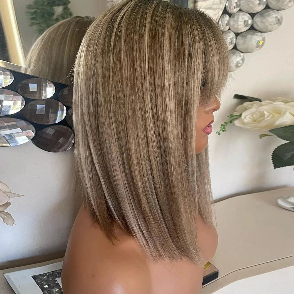 Real Human Hair Wigs with Bangs Short Bob Wig Straight Lace Front Wig Natural Hairline HD Lace Ash Blonde Fringe Wig Dark Roots