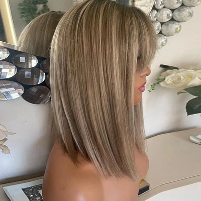 Real Human Hair Wigs with Bangs Short Bob Wig Straight Lace Front Wig Natural Hairline HD Lace Ash Blonde Fringe Wig Dark Roots