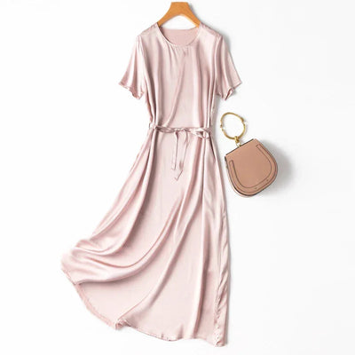 Women Midi Dress 100% Mulberry Silk 20 Momme Crew neck belted waist Solid Color Light Pink A Line Long Dress MM883