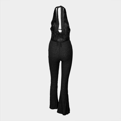 Joskaa Knitted Halter Backless Jumpsuit Women Sexy Deep V-Neck Bow Sleeveless Skinny Overalls 2025 Fitness Sportswear Clubwear