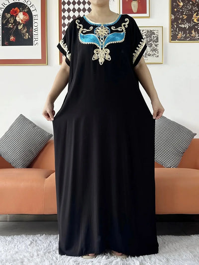 New Dubai Lady Party Summer Solid Cotton Dress with Scarfs African Dashiki Women Maxi Cotton Embroider Loose Vestidos