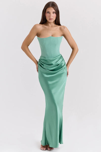 Oligai Strapless Women Maxi Evening Dress 2025 Pink Corset Cocktail Dress Elegant Strapless Satin Formal Occasion Party Dresses