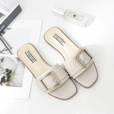 Summer Women Slippers Leather Square Toe Women Flats Flip Flops Designer Ladies Slides Sandals Women Shoes Luxury Sandals