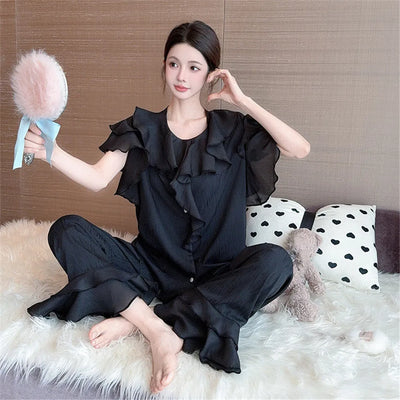 Women Ruffles Pajamas Lounge Set Short Sleeve Top  Pants Loungewear 2 Piece Sleepwear