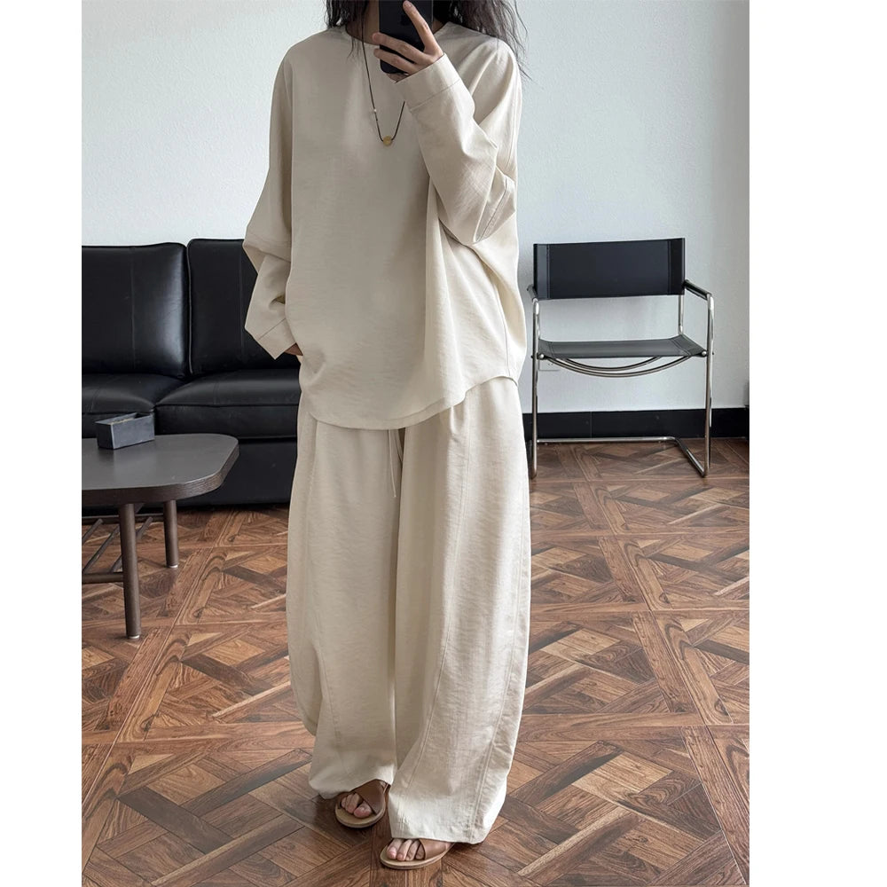 2025 Women Spring Two Pieces Suits Long Sleeve Cotton Blouses With Long Pants Wide Leg Two Pieces Sets Boho Suits Ladies Outfits