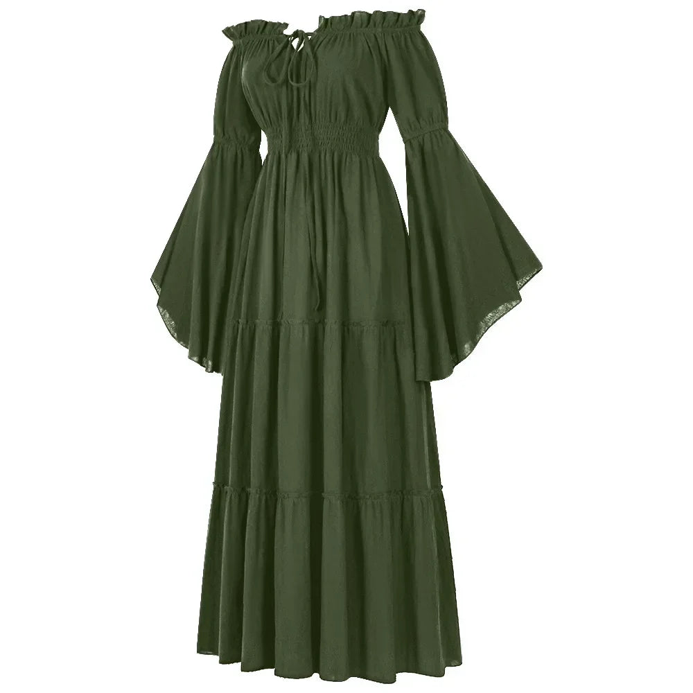 Women Renaissance Irish Dress Off Shoulder Medieval Peasant Dress Pirate Costume Wench Retro Gown Smocked Waist Maxi Long Dress