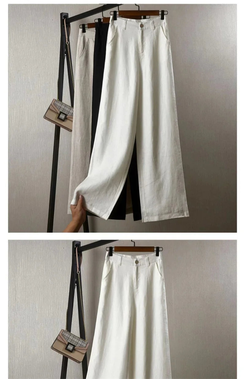 Women's Cotton Linen Straight Trousers Elastic High Waist Wild Wide Leg Pants Female Spring Summer Solid Color Loose Linen Pants