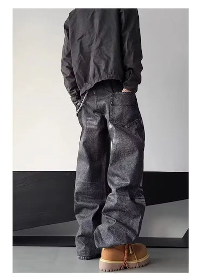 High Street Men's Jeans Trendy Printed Pattern Washed Worn-out Straight Leg Jeans American Style Male Denim Pants Black Jeans
