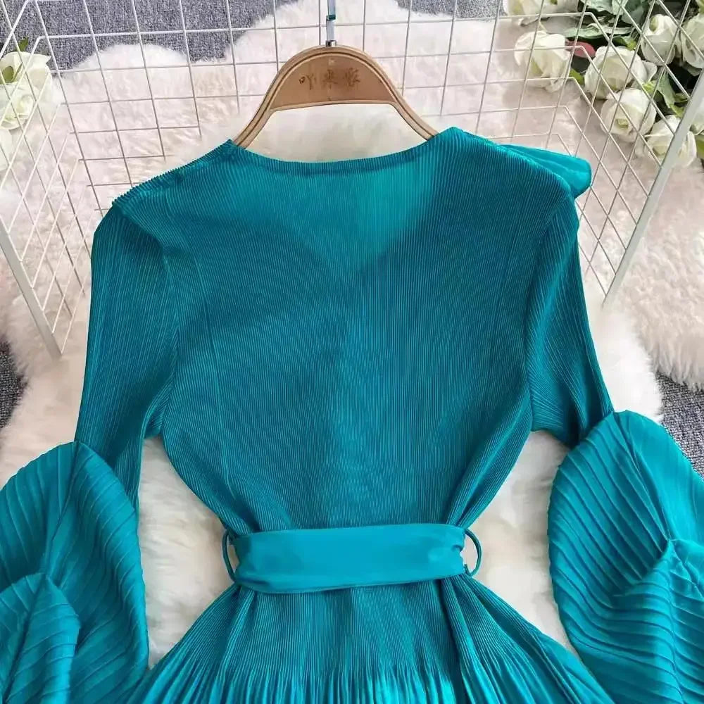 Women's V Neck Ruffles Splice Lantern Sleeve High Stretch Oversized Dresses Miyake Maxi Pleated 2025 Spring Long Party Clothing