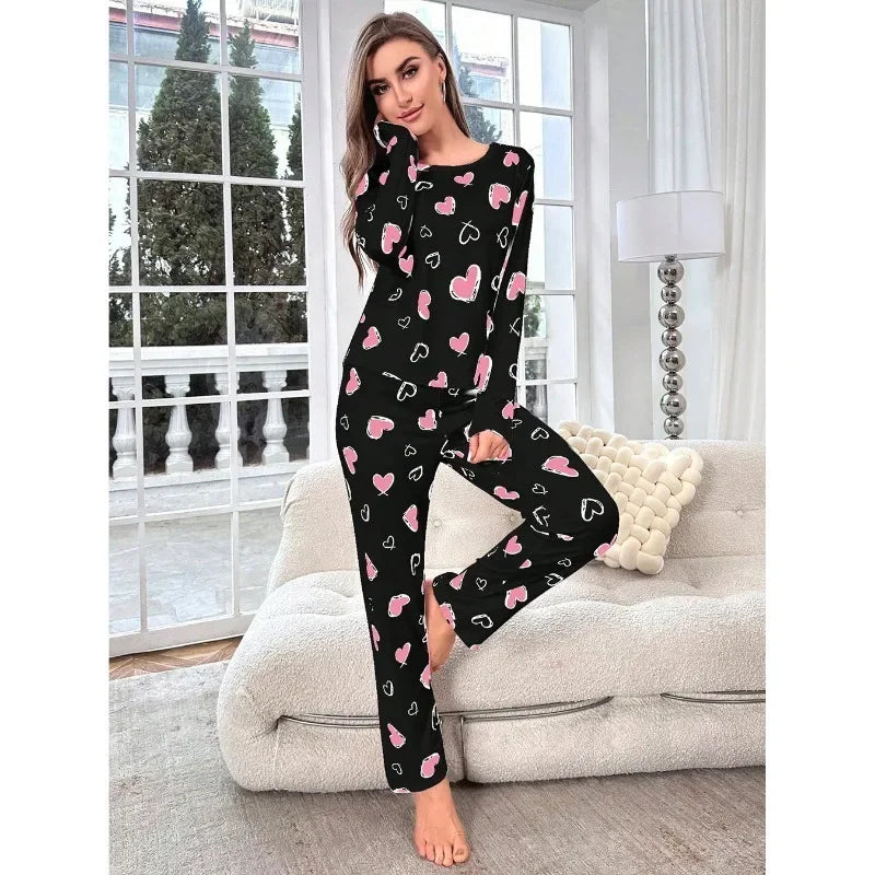Sleepwear Women's Black Love Print Long Sleeve Trousers Student Loungewear Pajama Set Girl O-Neck Fashion Soft Casual Nightwear