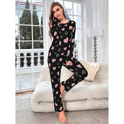 Sleepwear Women's Black Love Print Long Sleeve Trousers Student Loungewear Pajama Set Girl O-Neck Fashion Soft Casual Nightwear