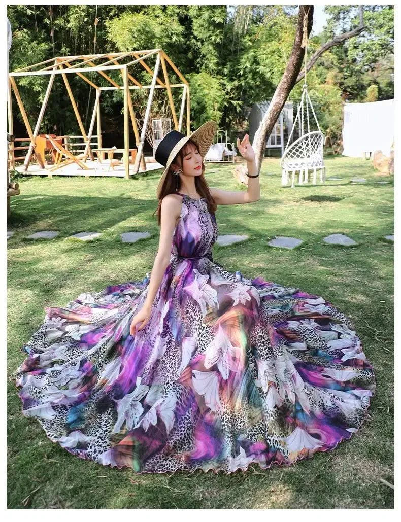 2023 New Floral Summer Sleevelss Suspender Maxi Dress for Women Sexy Backless Beach Purple Boho Robe Femme Sundress Dress Photo