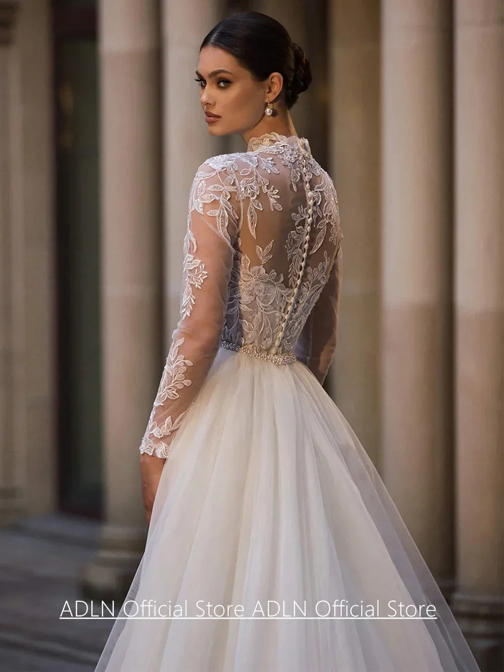 Woman Mermaid Wedding Dresses Vestido De Noiva Customized High Neck Full Sleeves Applique Detachable Train Bridal Gown