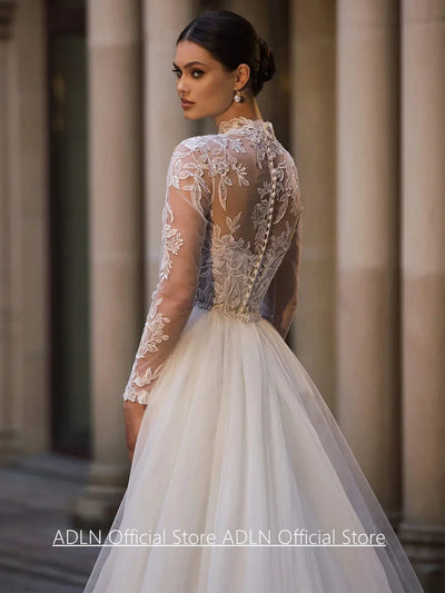 Woman Mermaid Wedding Dresses Vestido De Noiva Customized High Neck Full Sleeves Applique Detachable Train Bridal Gown