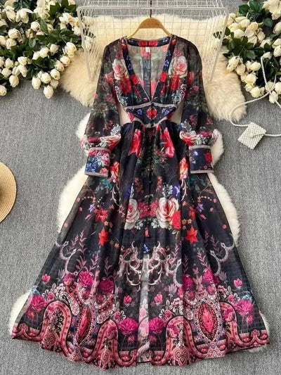Summer Gorgeous Flower Dress Women Chiffon Clothing Sexy Deep V Neck Single Breasted Floral Print Beach Boho Long Robe Vestidos