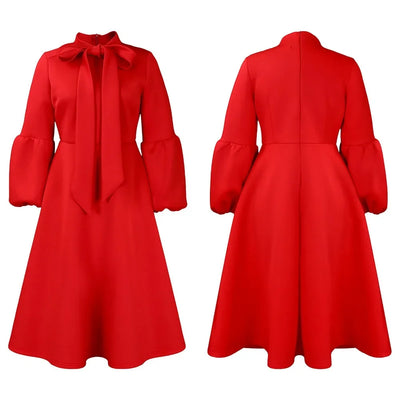Elegant Dresses for Women Bow Collar Full Sleeve High Waisted Pleated Mid Calf Luxury Birthday Party Dinner Vestidos Mujer Dress