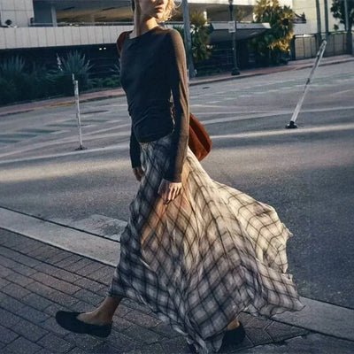 Flowing Check Midi Skirt 2025 Spring Summer New Retro Long Skirt Seaside Holiday Casual Brown Women Clothing