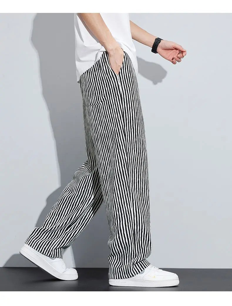 New Men's Trousers with a Sense Design Featuring Unique Stripe Pattern Hanging Wide-leg Loose Straight Casual Long Pants