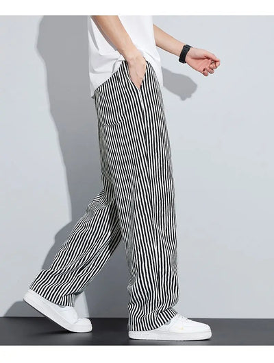 New Men's Trousers with a Sense Design Featuring Unique Stripe Pattern Hanging Wide-leg Loose Straight Casual Long Pants