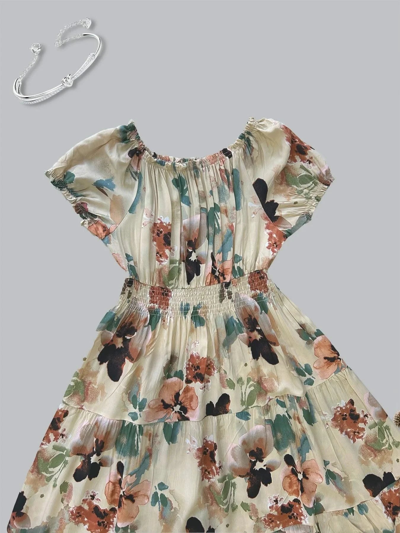 Women's Floral Summer Fashion Women's Print One-line Shoulder Dress Summer Beach Vacation Dress Causul Dress for Women