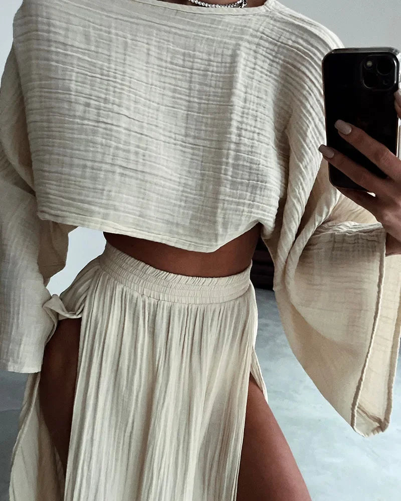 Casual Solid Cotton Linen 2 Piece Sets Spring O Neck Crop Top High Waist Slit Women Skirt Outfit Summer Flare Sleeve Hollow Suit