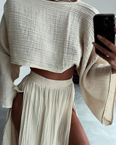 Casual Solid Cotton Linen 2 Piece Sets Spring O Neck Crop Top High Waist Slit Women Skirt Outfit Summer Flare Sleeve Hollow Suit