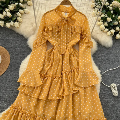 Dot Dress Women Long Dresses Print Chiffon Lace Up Flare Sleeve A Line Vestidos Streetwear Elegant Splice Y2k High Waist Party