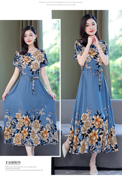New Fashion 2024 Print Summer Dresses For Women Short Sleeve O-Neck Elegant Summer Dress Woman Clothing