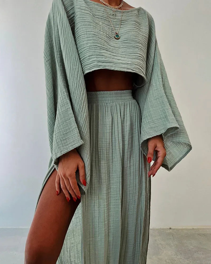 Casual Solid Cotton Linen 2 Piece Sets Spring O Neck Crop Top High Waist Slit Women Skirt Outfit Summer Flare Sleeve Hollow Suit