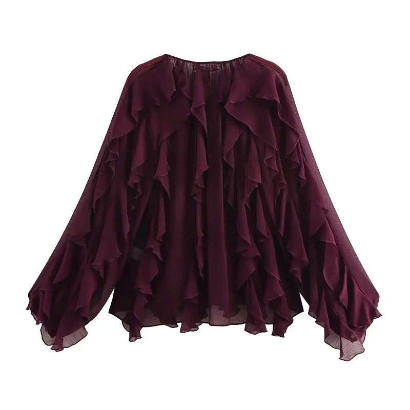 MUJER Ruffle Womens Blouses Semi Sheer Casual Blouses Woman Spring Fairy Shirts and Blouses for Lady Long Sleeve Tops Woman 2025