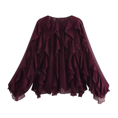 MUJER Ruffle Womens Blouses Semi Sheer Casual Blouses Woman Spring Fairy Shirts and Blouses for Lady Long Sleeve Tops Woman 2025