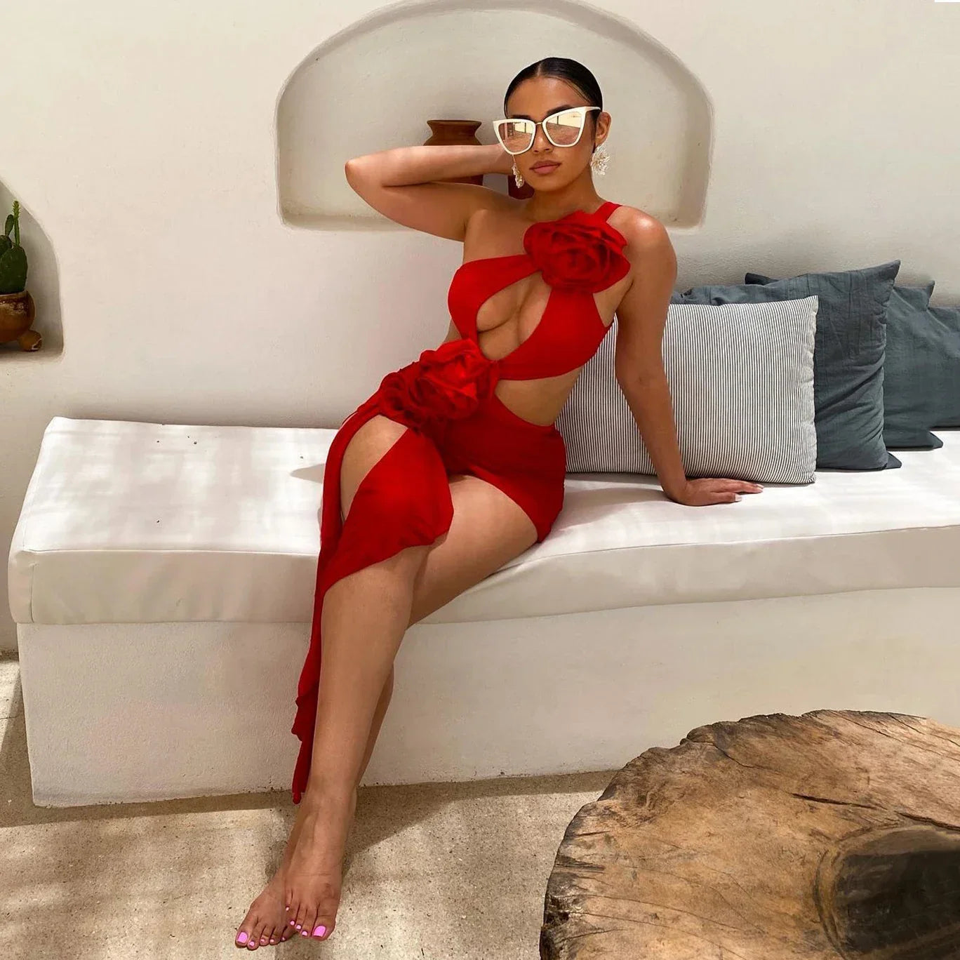 2025 Red Flower Swimsuit With Cover Up Desire Swim Suit Luxury Women Swimwear Sexy Hollow Bikini Beachwear Bodysuit Bathingsuit
