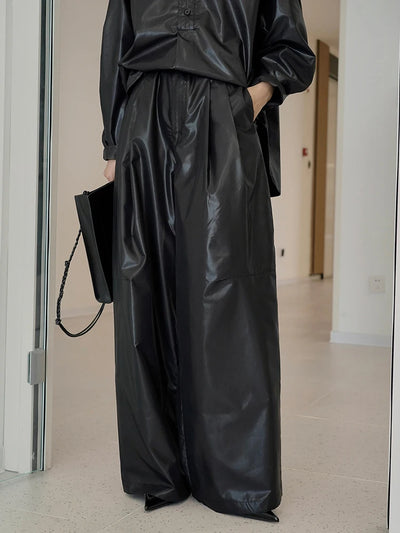 High Waist Black Glossy Casual Long Wide Leg Pants New Loose Fit Trousers Women Fashion Tide Spring Autumn 2025