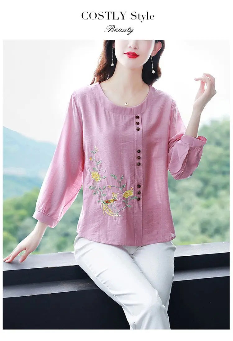 Summer Cotton Linen Embroidery Loose Casual Blouse Lady 3/4 Sleeve Vintage All-match Top Women Fashion Oversized Elegant Shirt