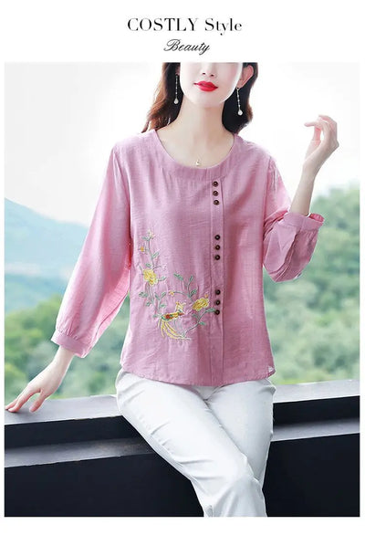 Summer Cotton Linen Embroidery Loose Casual Blouse Lady 3/4 Sleeve Vintage All-match Top Women Fashion Oversized Elegant Shirt