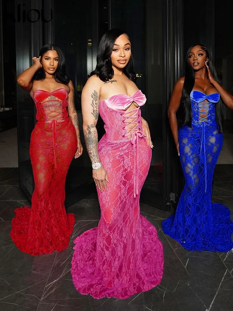 kliou Lace Patchwork Women Maxi Dress Sexy Coquette Drawstring Wrapped Chest Body-shaping Vestidos Female Stunning Clubwear Robe