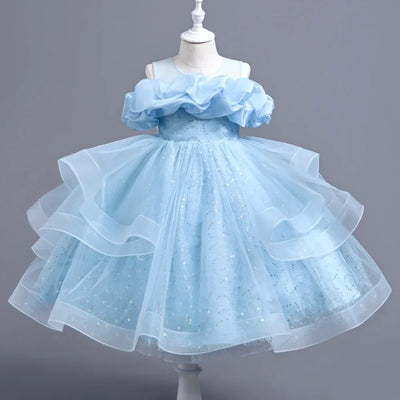New Girl's Wedding Evening Dress Petal Sequin Mesh Sleeveless Dress Birthday Party School Graduation Party Dress