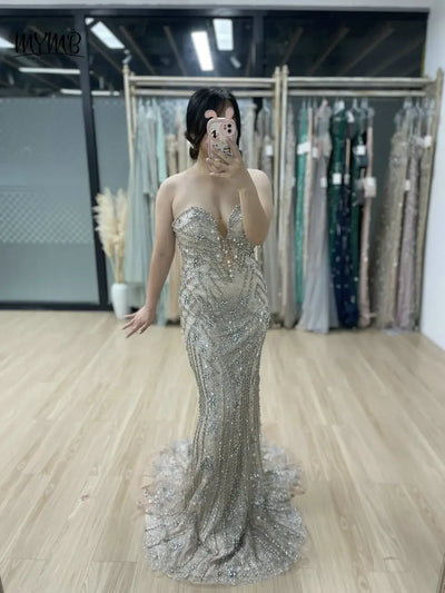MYMB Luxury Mermaid Sheath Evening Gown for Women Wedding Party Dubai Sexy Spaghetti Straps Backless Beaded Prom Dress DSH16188
