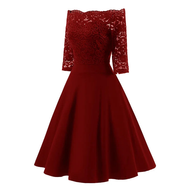 Women Elegant Wedding Bridesmaid Dinner Dress Sexy Lace Off Shoulder Party Dresses Solid Color Half Sleeve Evening Gown Vestido